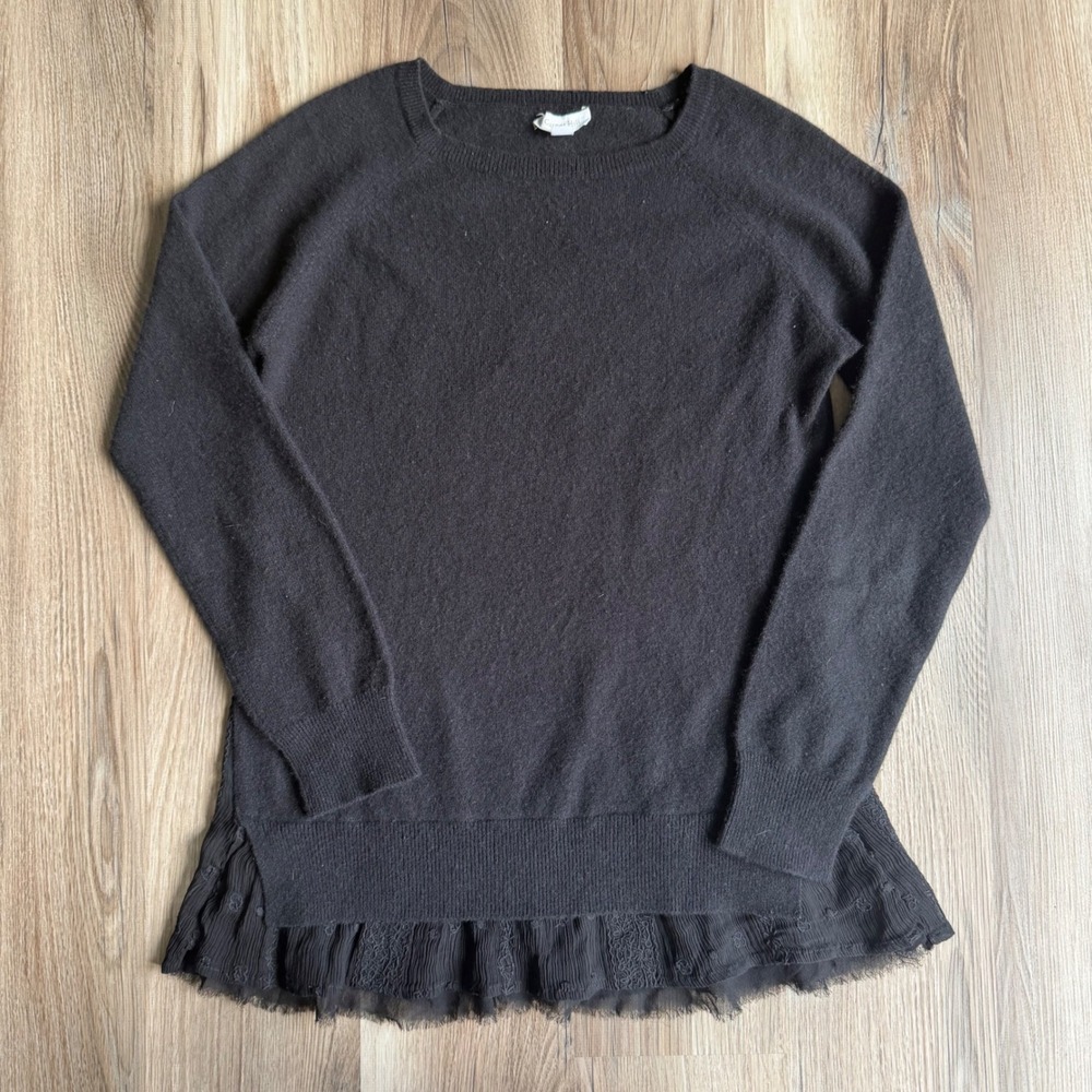 Garnet Hill Black 100% Cashmere Lace Ruffle Hem Pullover Sweater Womens Small